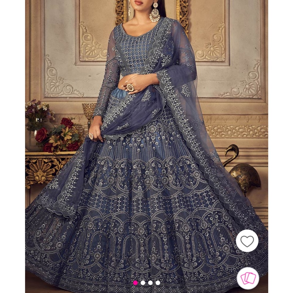 Cbazaar Dark Pastel Blue Net Embroidered N Stones Umbrella Lehenga Party Wear
